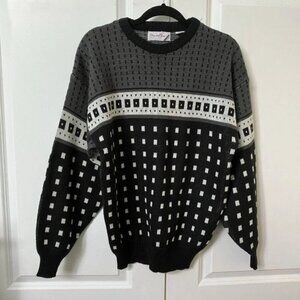 Vintage Oscar de la Renta Gray Black Grid Grandpa Sweater Mens Large